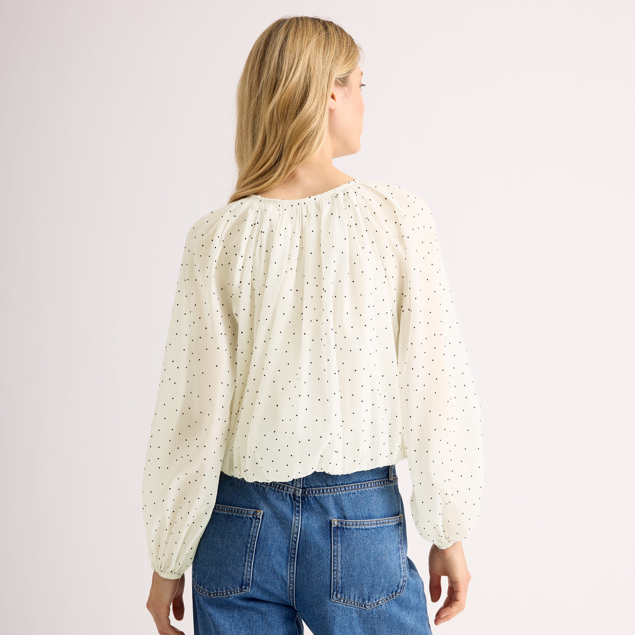 Cream Flocked Spot Bubble Hem Top