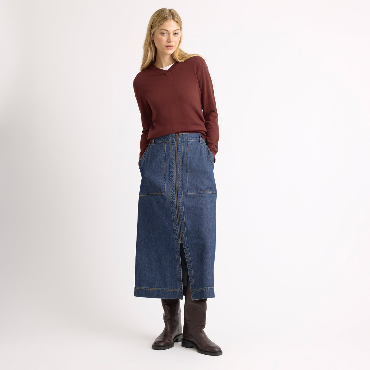 Denim Zip Front Skirt