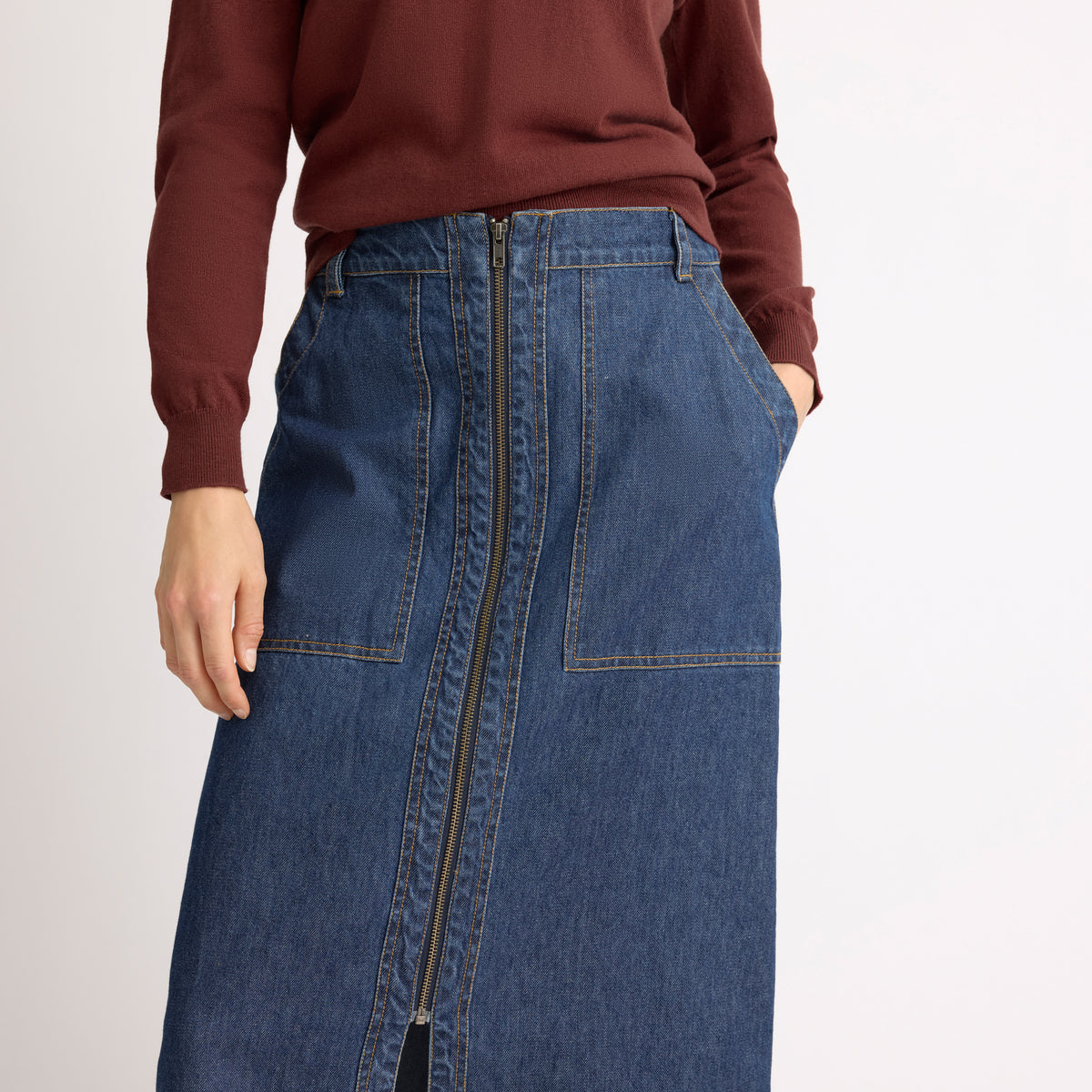 Denim Zip Front Skirt