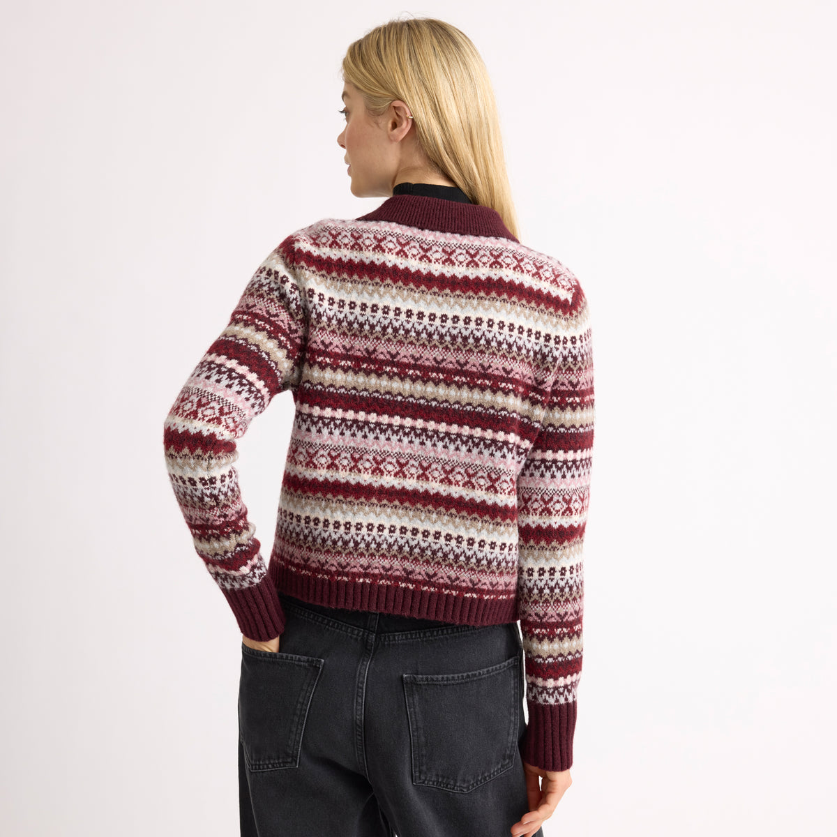 Burgundy Cosy Fair Isle Collar Cardigan