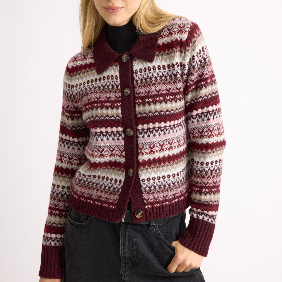 Burgundy Cosy Fair Isle Collar Cardigan