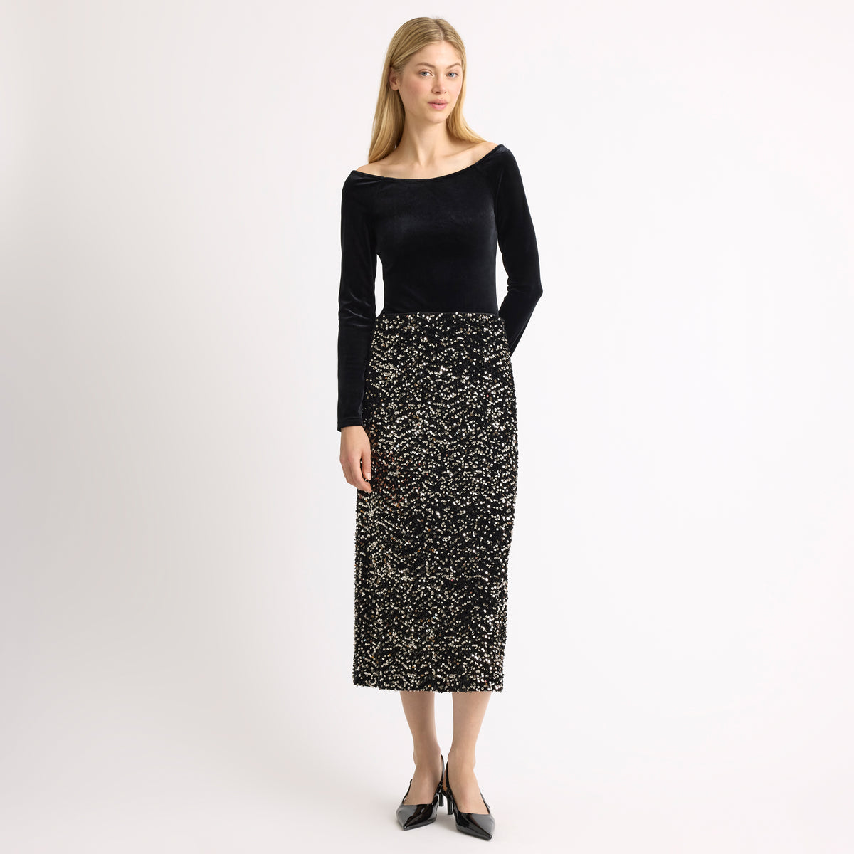 Velvet Sequin Pencil Skirt