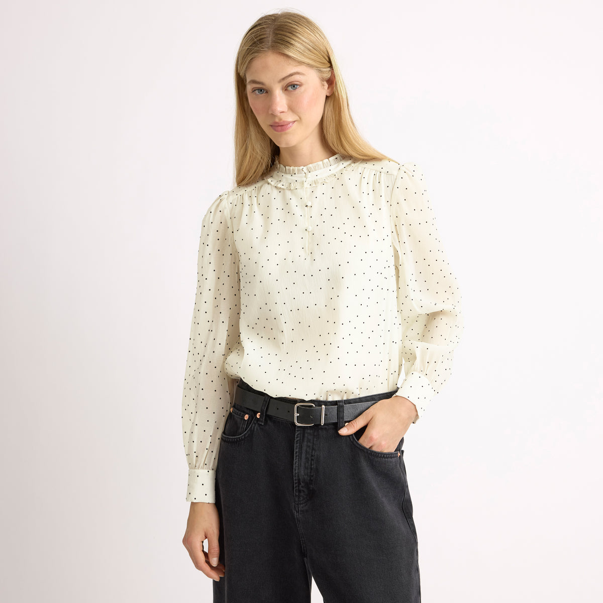 Flocked Spot Ruffle Neck Top