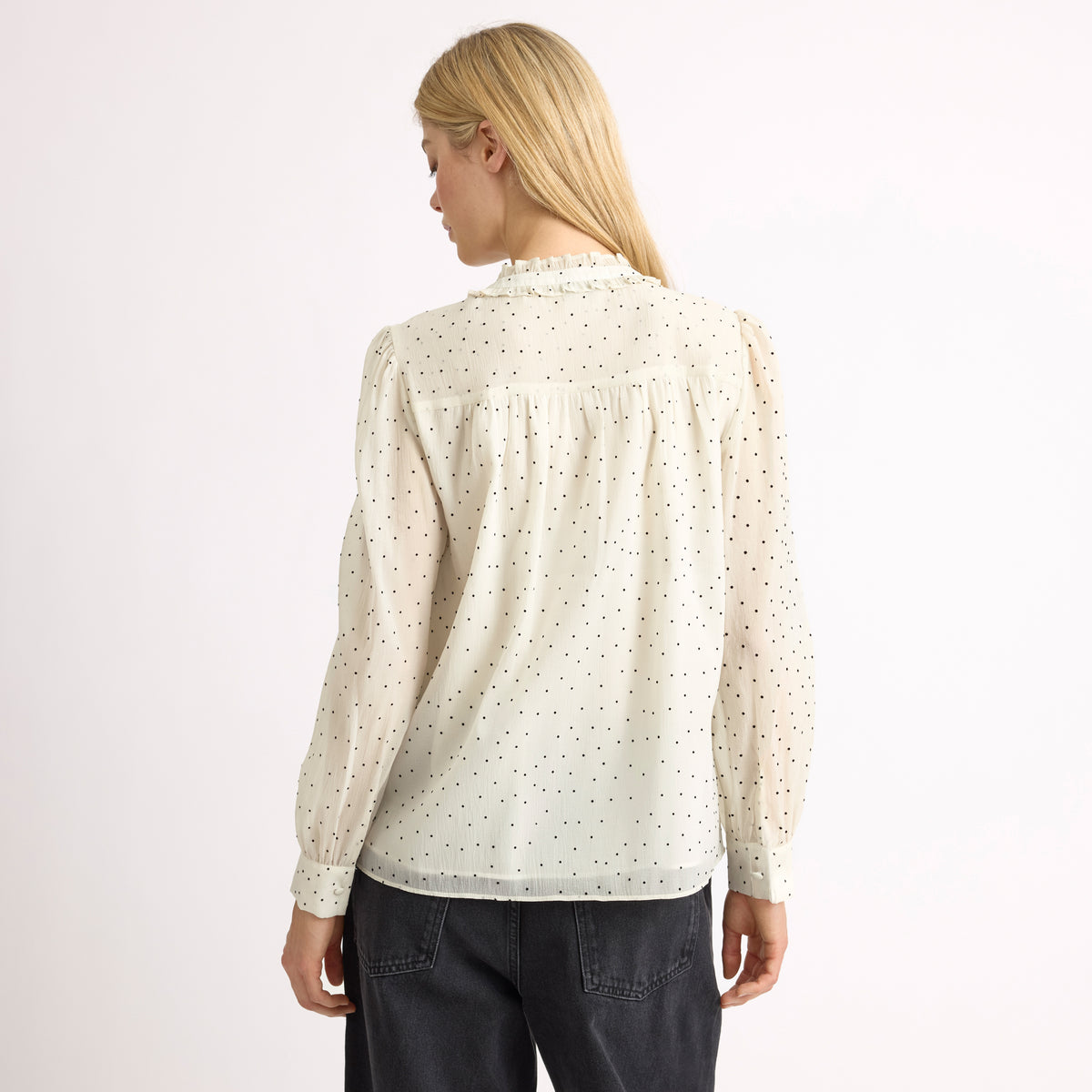 Flocked Spot Ruffle Neck Top