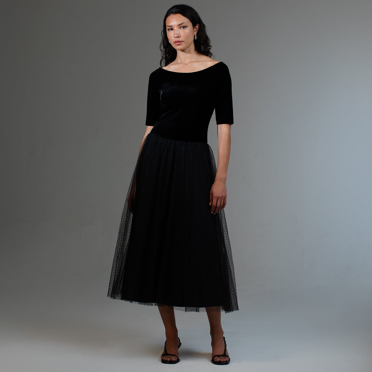 Flocked Spot Velvet Bardot Dress