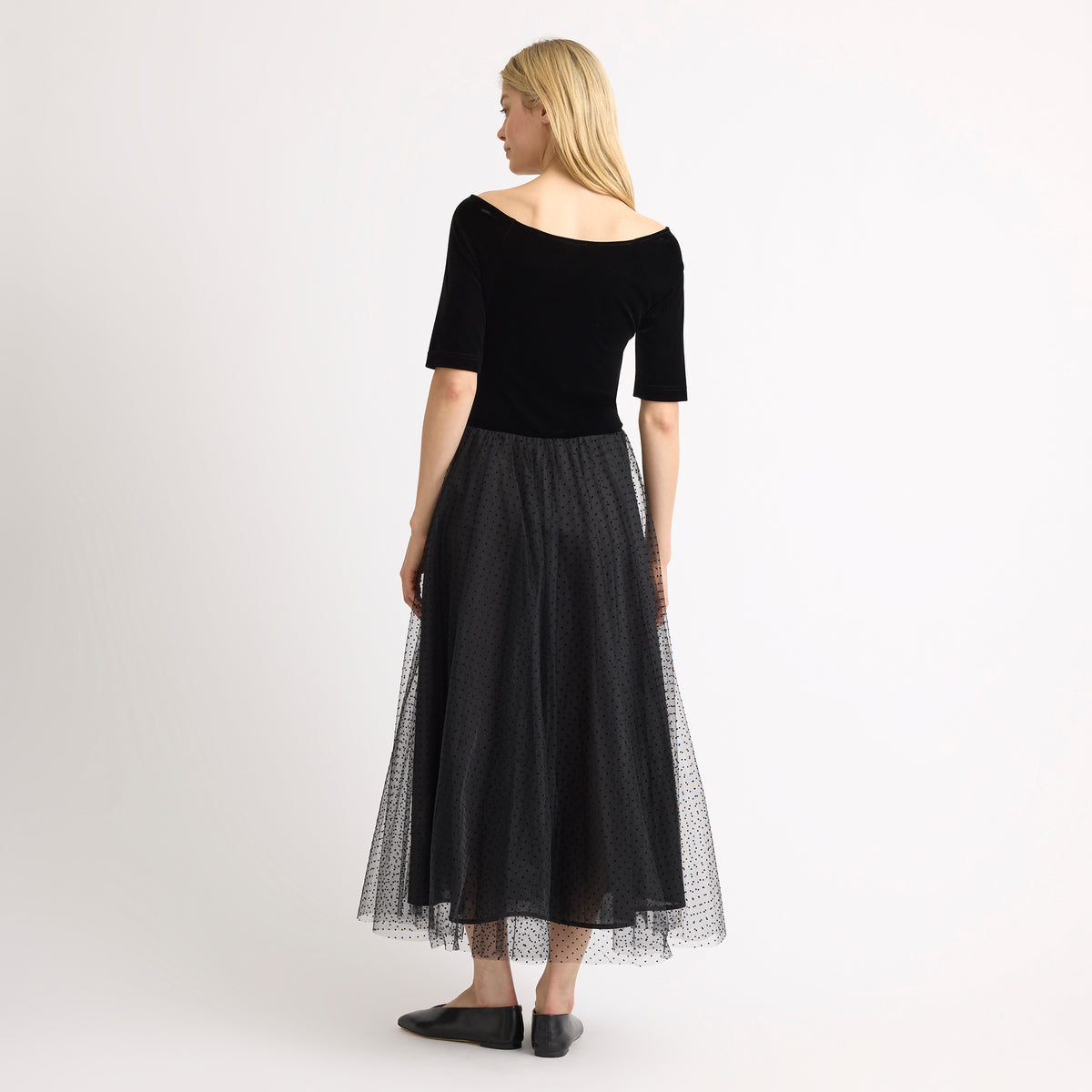 Flocked Spot Velvet Bardot Dress