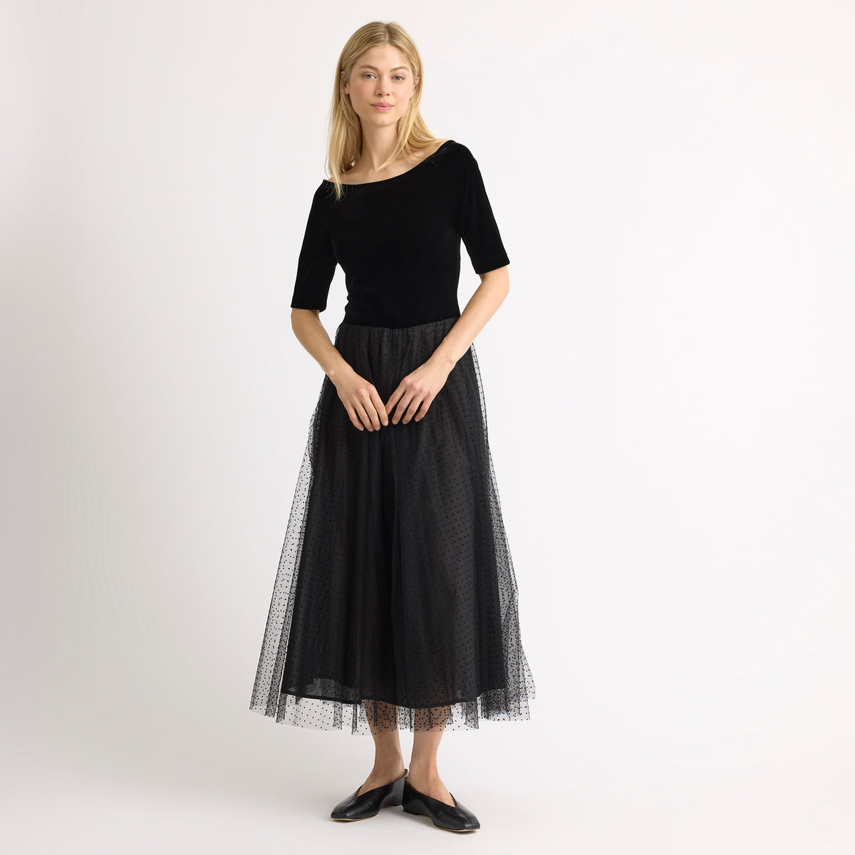 Flocked Spot Velvet Bardot Dress