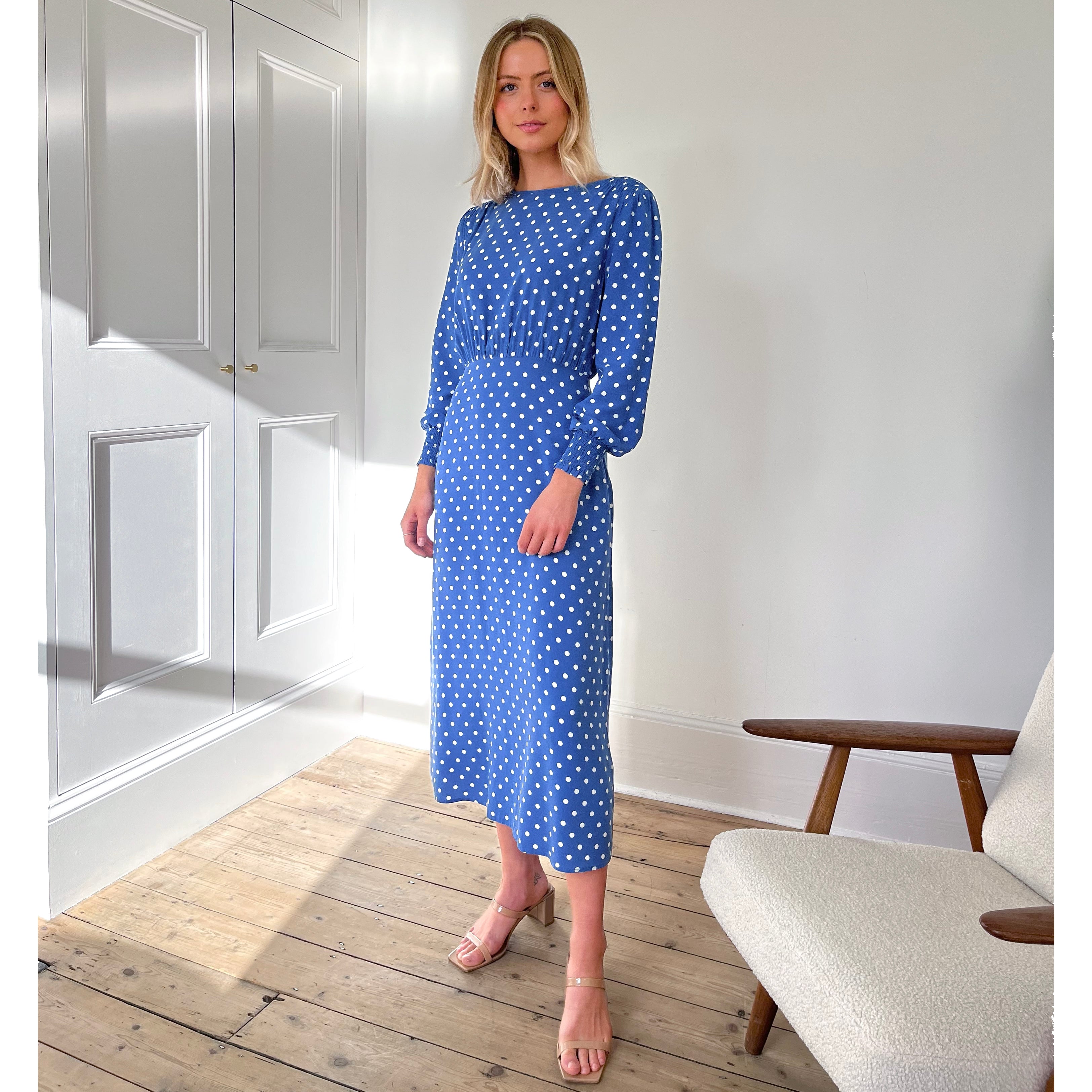 Re-Loved Blue Spot Midi Dress - Size 18