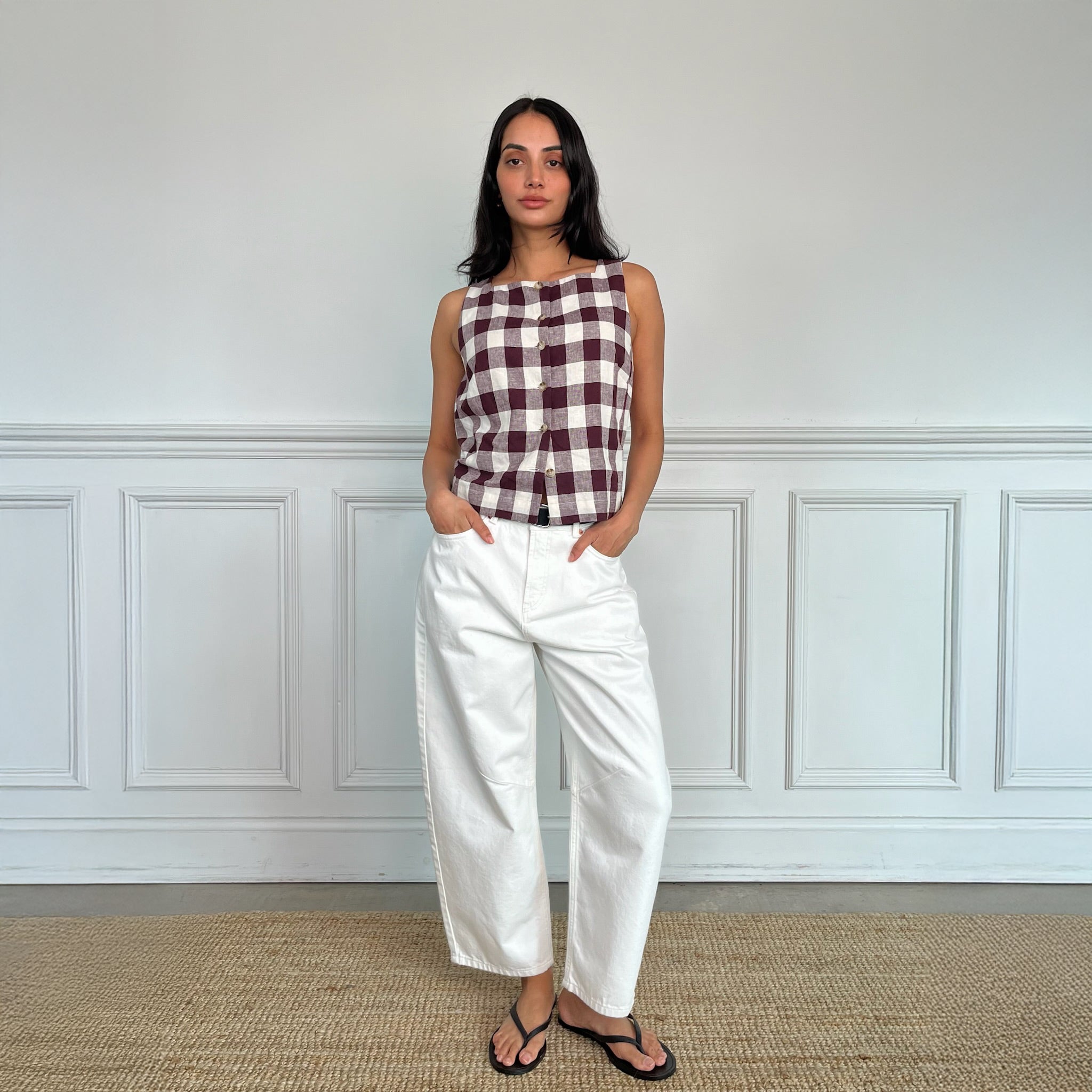 Burgundy Gingham Button Top