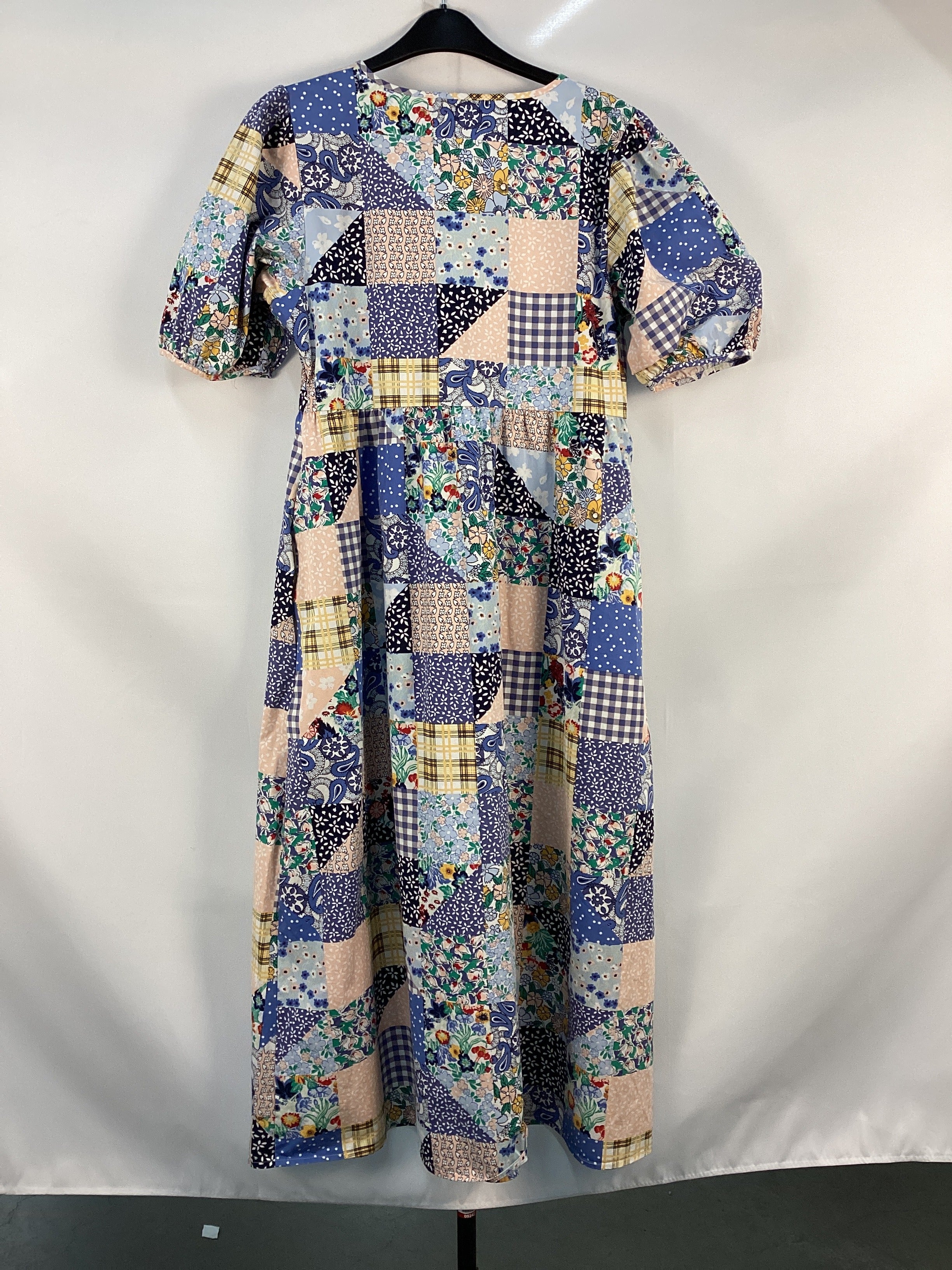 Re-Loved Blue Patchwork Print Midi Dress - Size 12