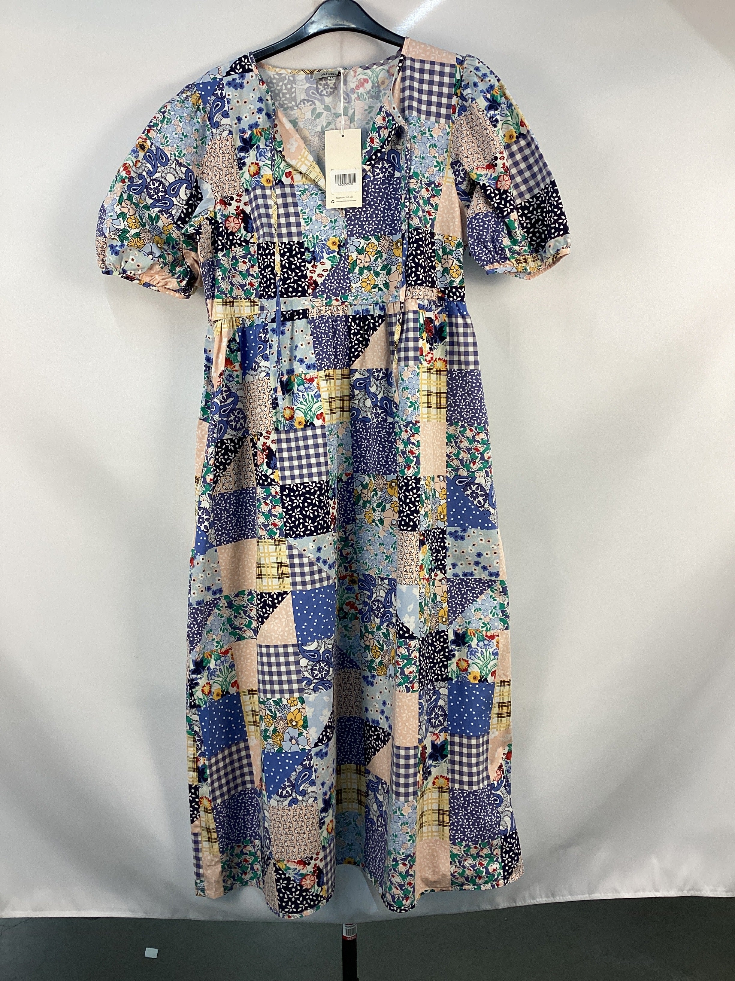 Re-Loved Blue Patchwork Print Midi Dress - Size 12