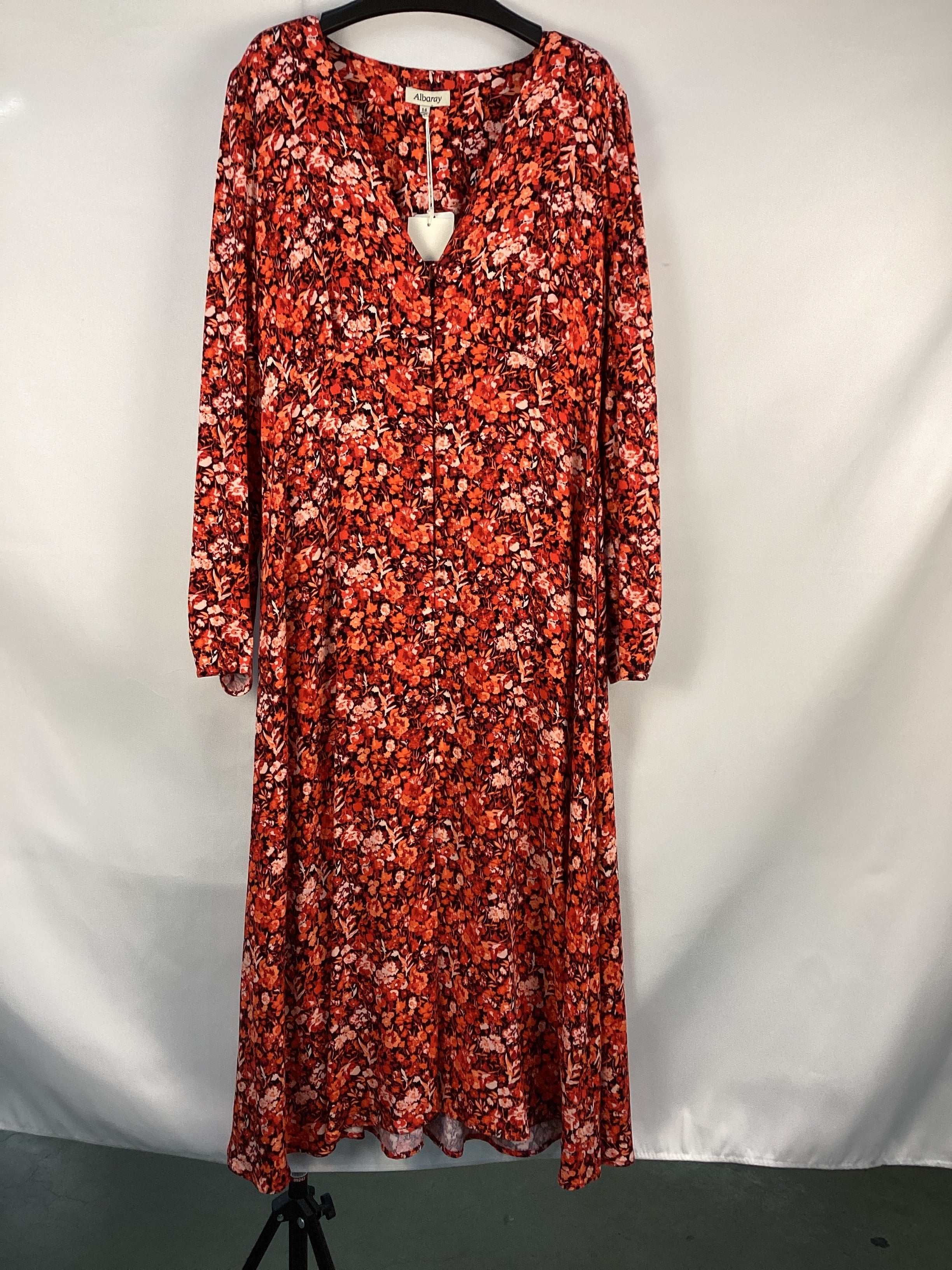 Re-Loved Red Floral V Neck Midi Dress - Size 14