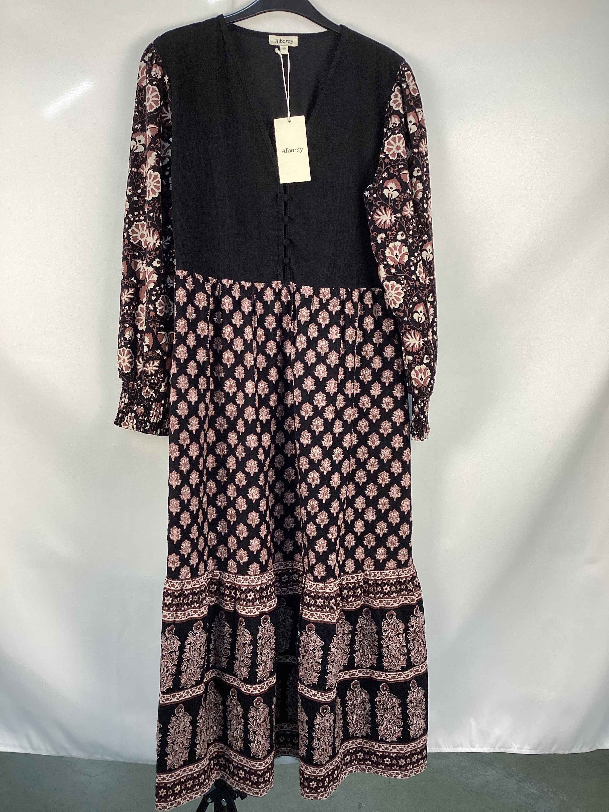 Re-Loved Burgundy Woodblock Midi Dress - Size 12