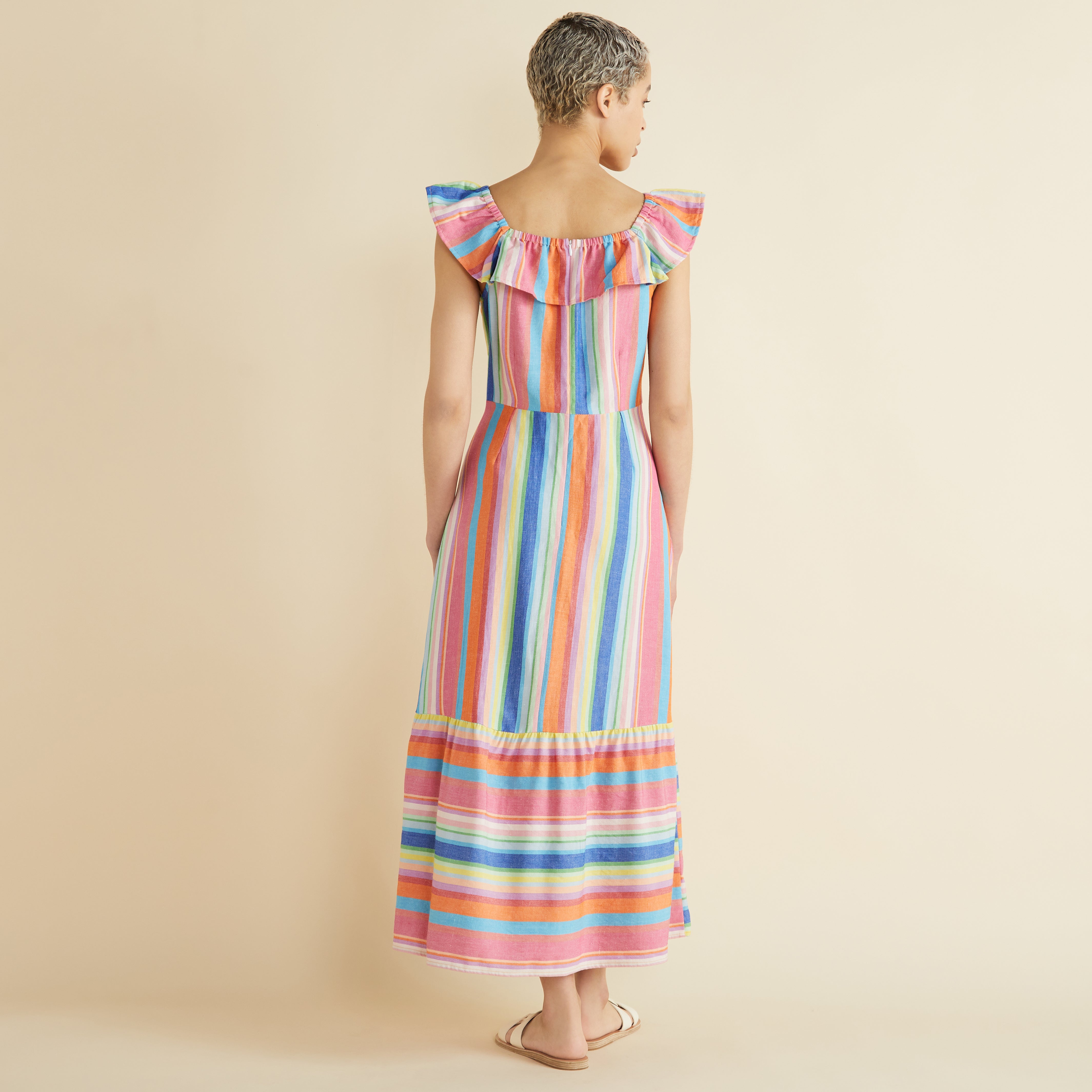 Frill Neck Stripe Midi Dress