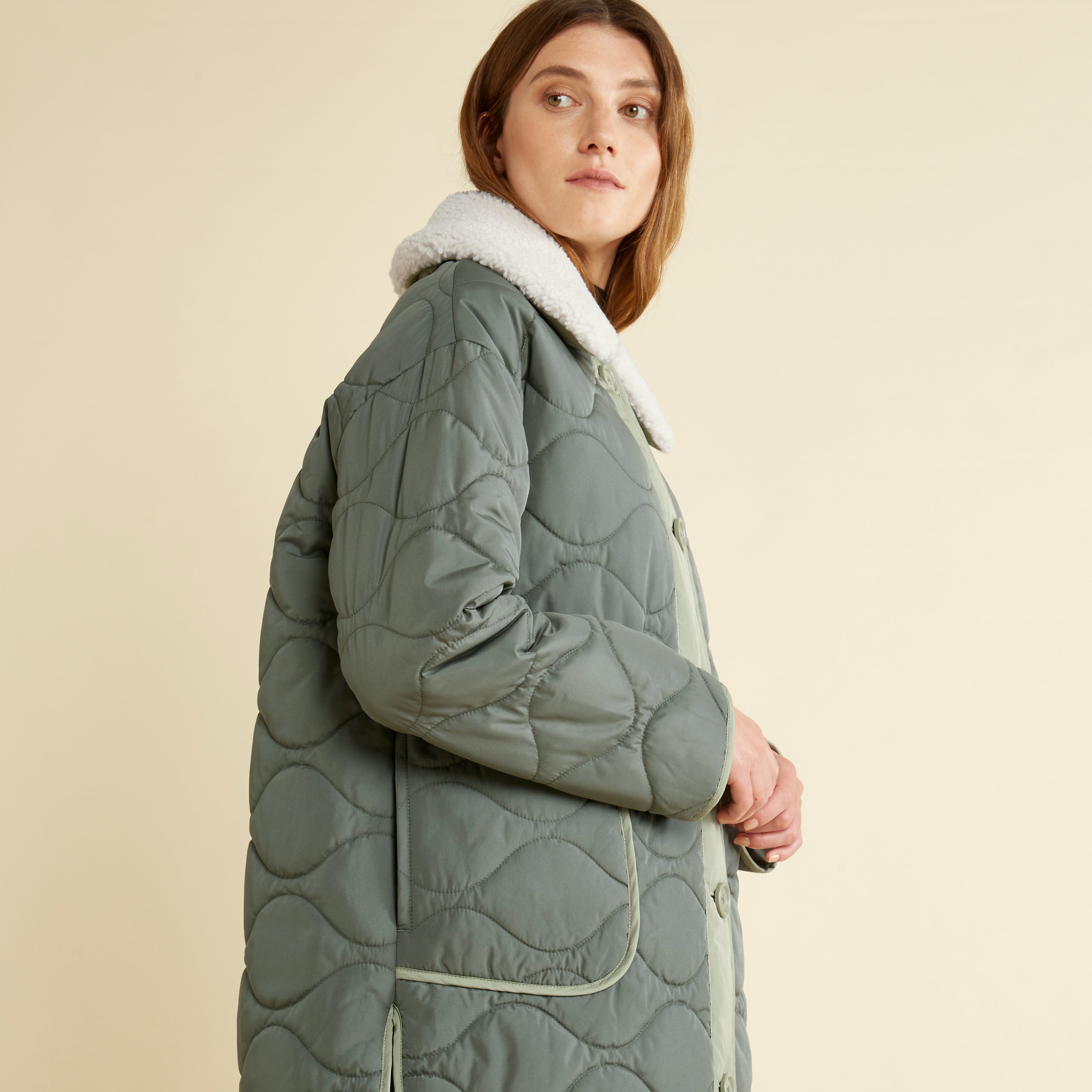 Khaki Contrast Quilted Coat