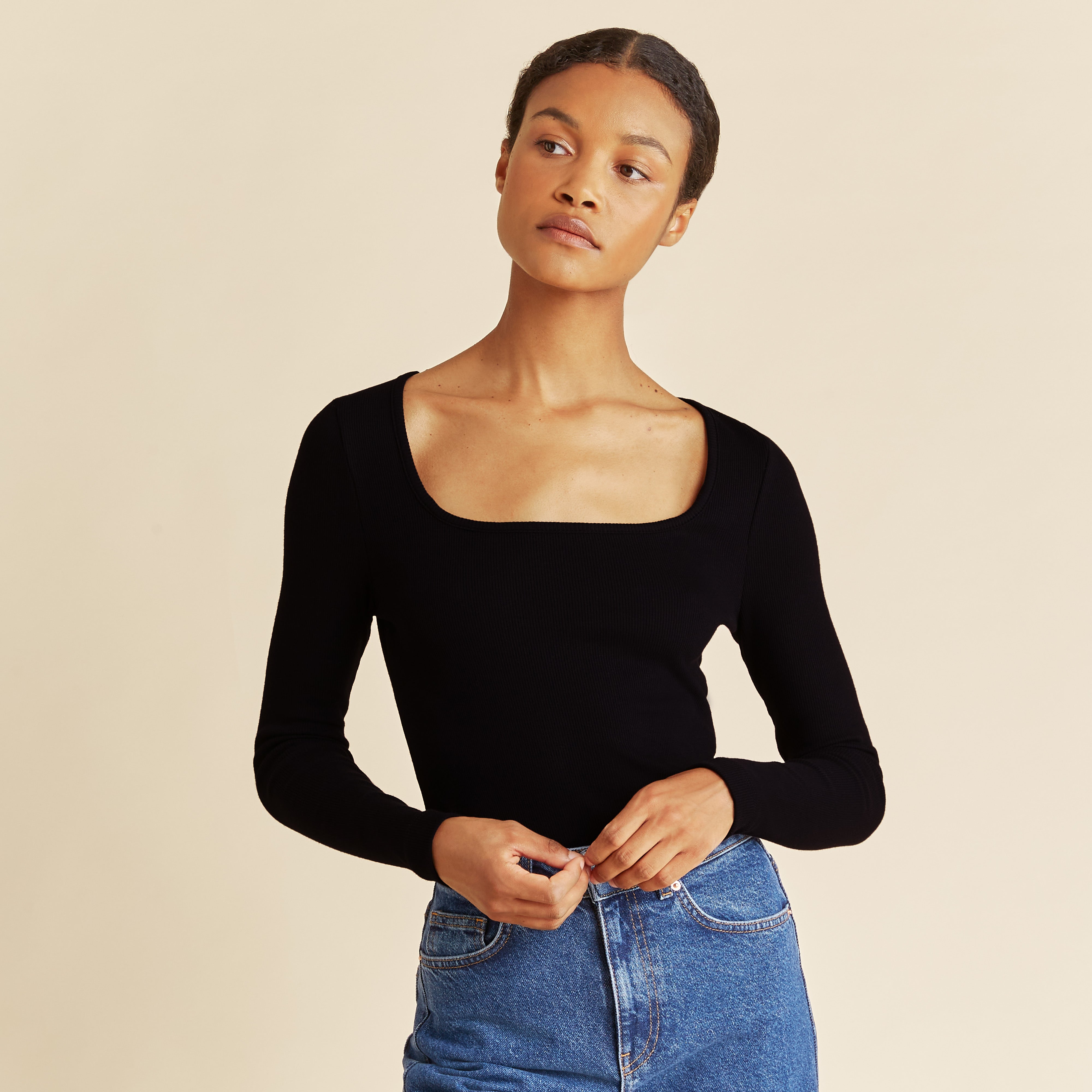 Black Rib Square Neck Long Sleeve Top