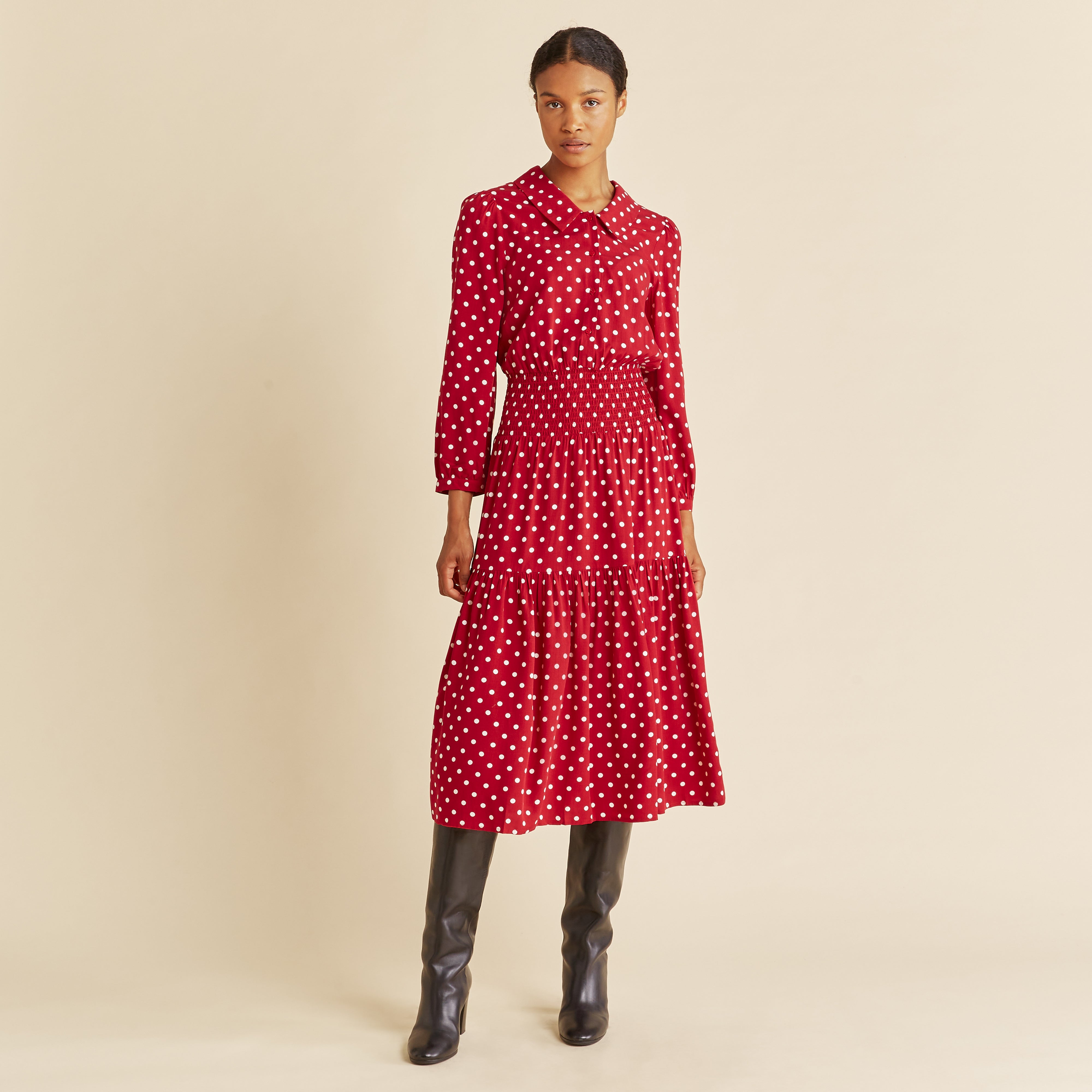 Red Spot Shirred Waist Dress