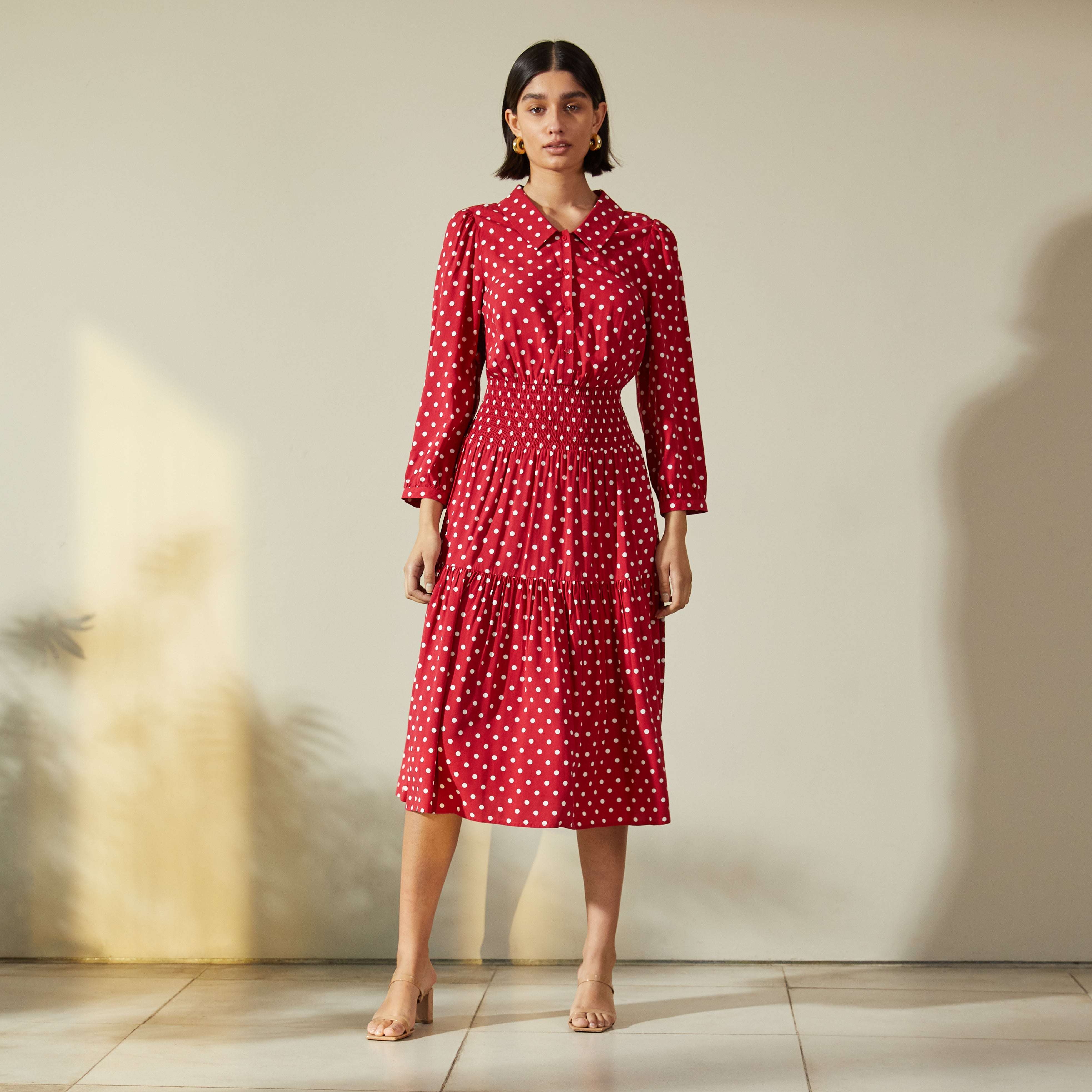 Red Spot Shirred Waist Dress