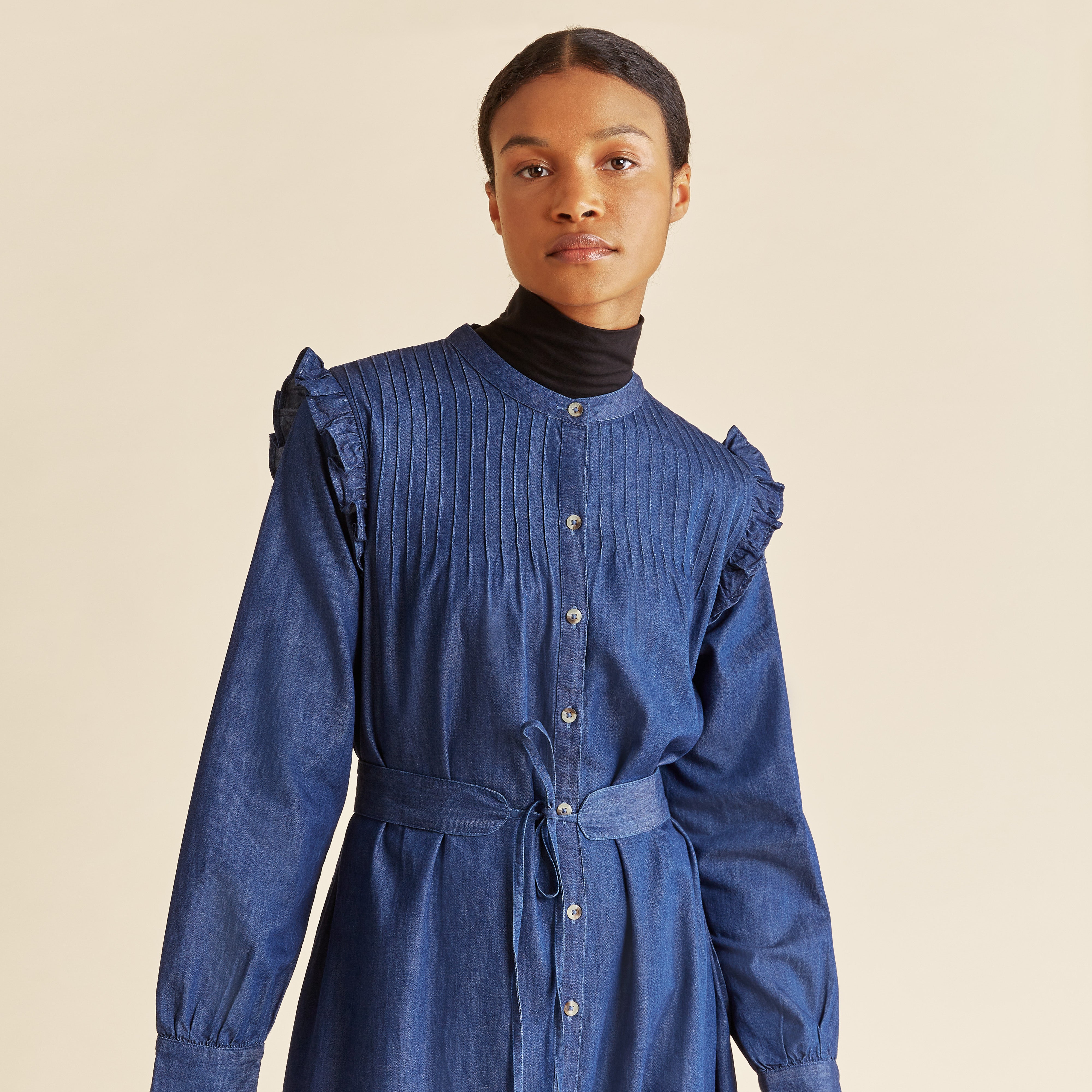 Denim ruffle cheap dress