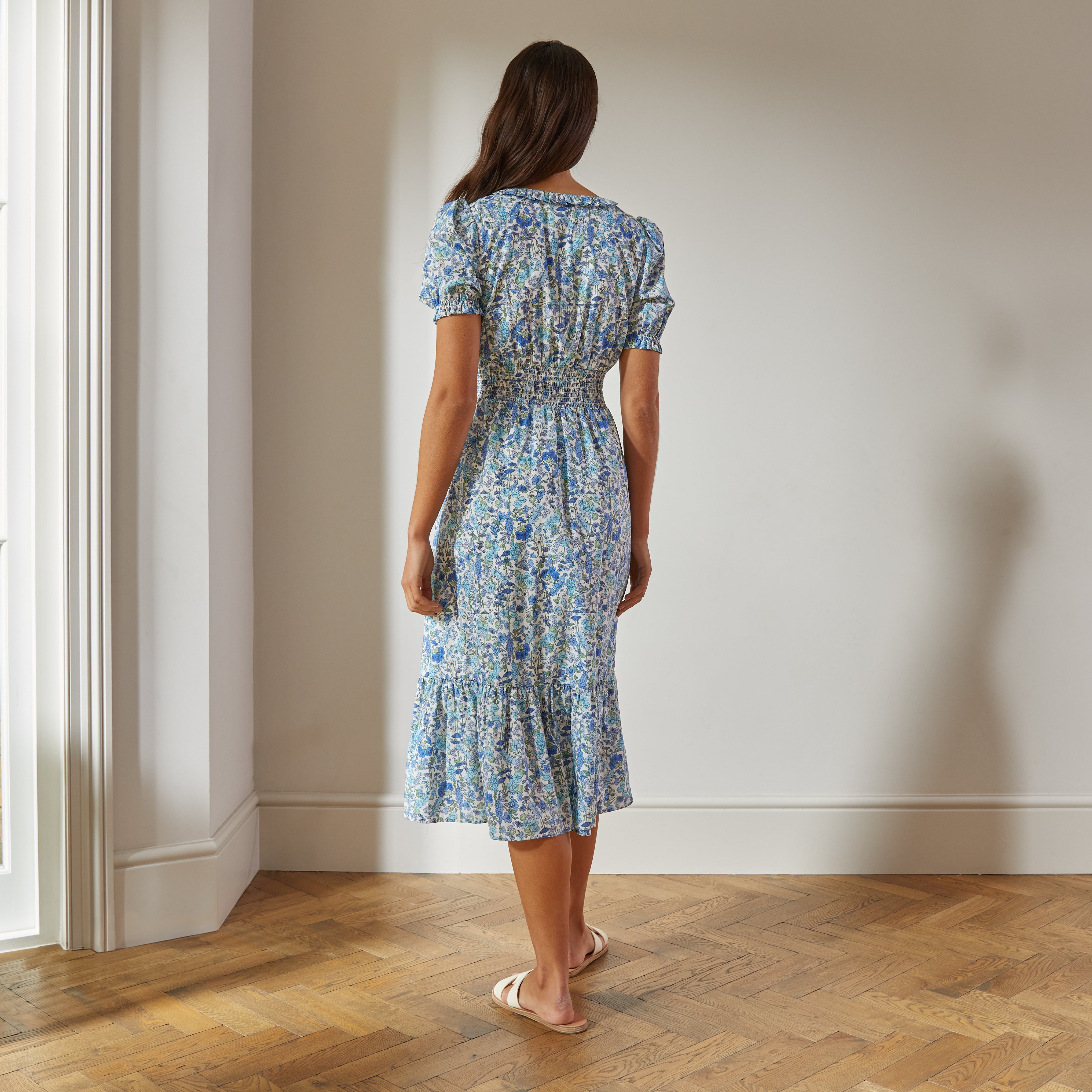 Blue Floral Square Neck Midi Dress