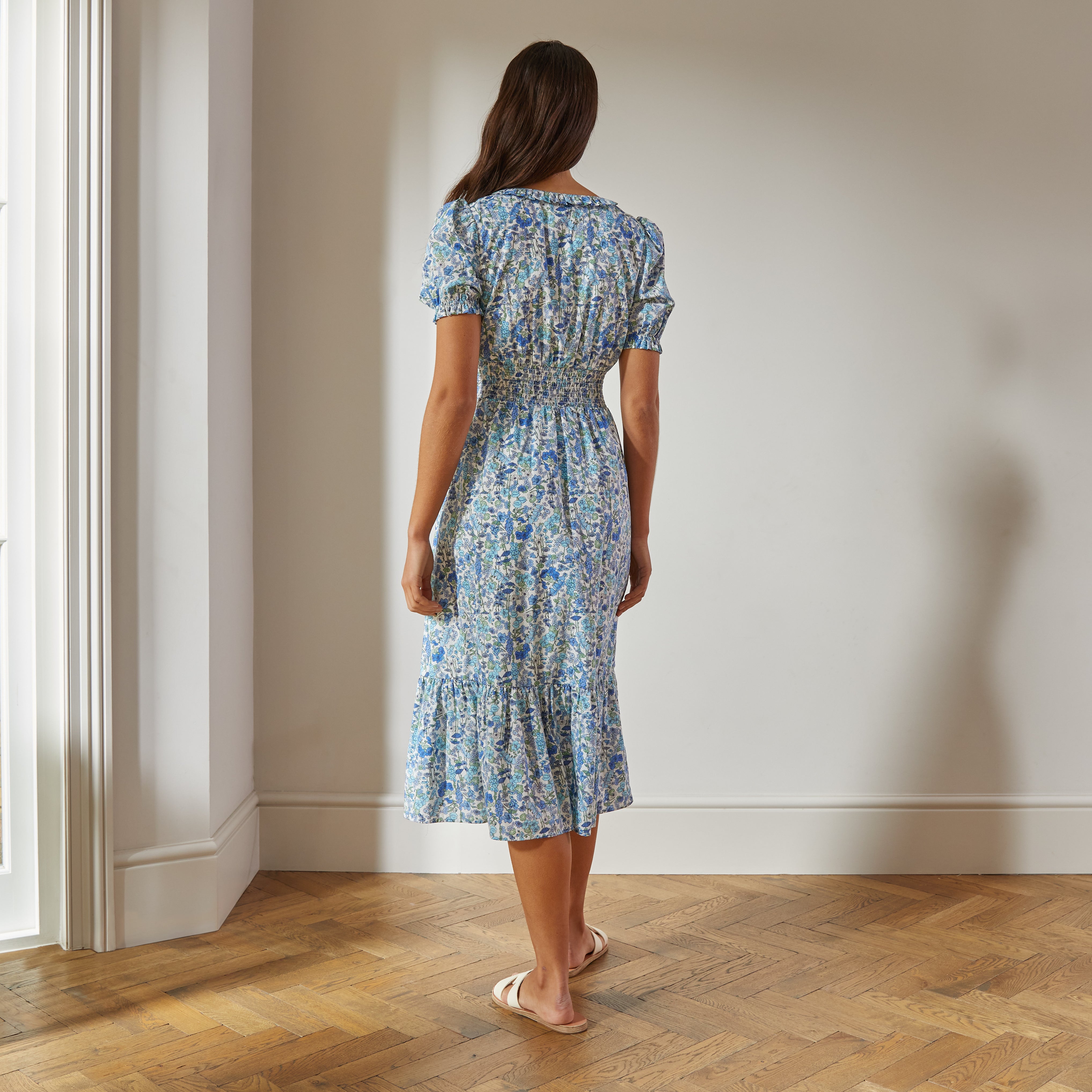 Blue Floral Square Neck Midi Dress, Sustainable Womenswear
