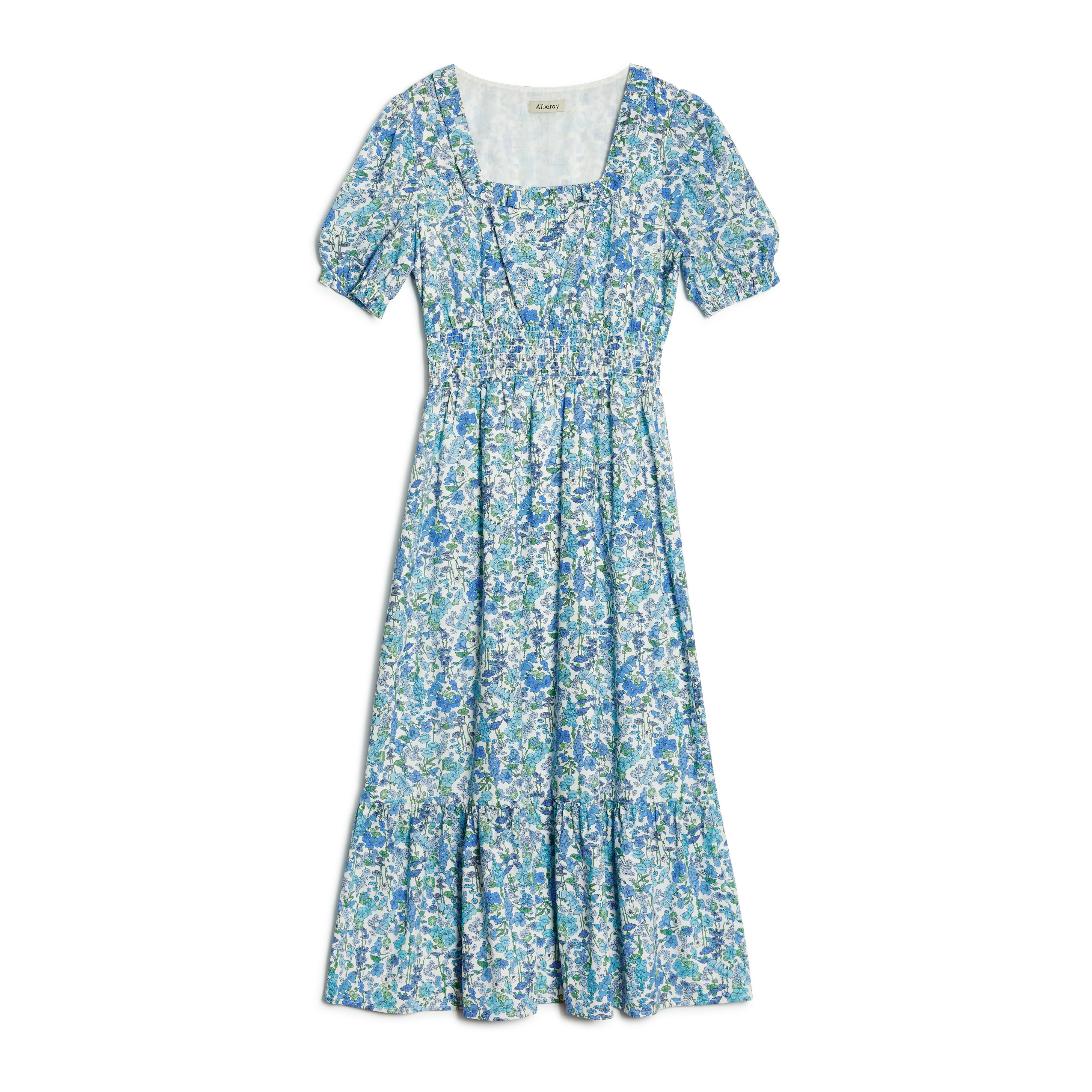 Blue Floral Square Neck Midi Dress
