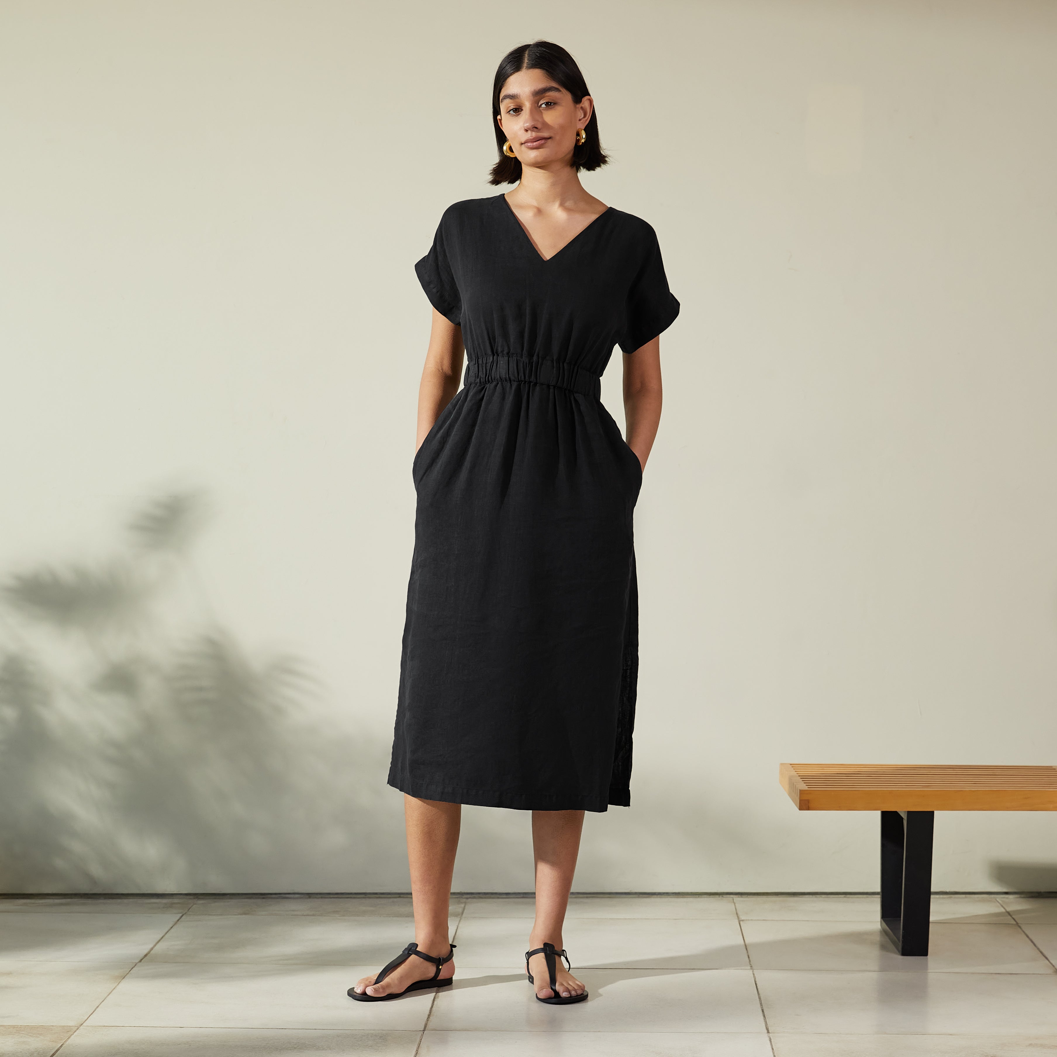 Linen dress v outlet neck