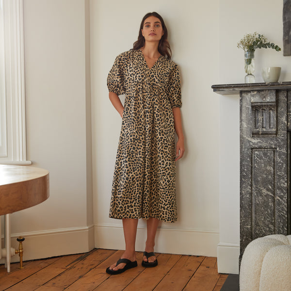 Organic Cotton Animal V Neck Midi Dress Sustainable Womenswear Albaray