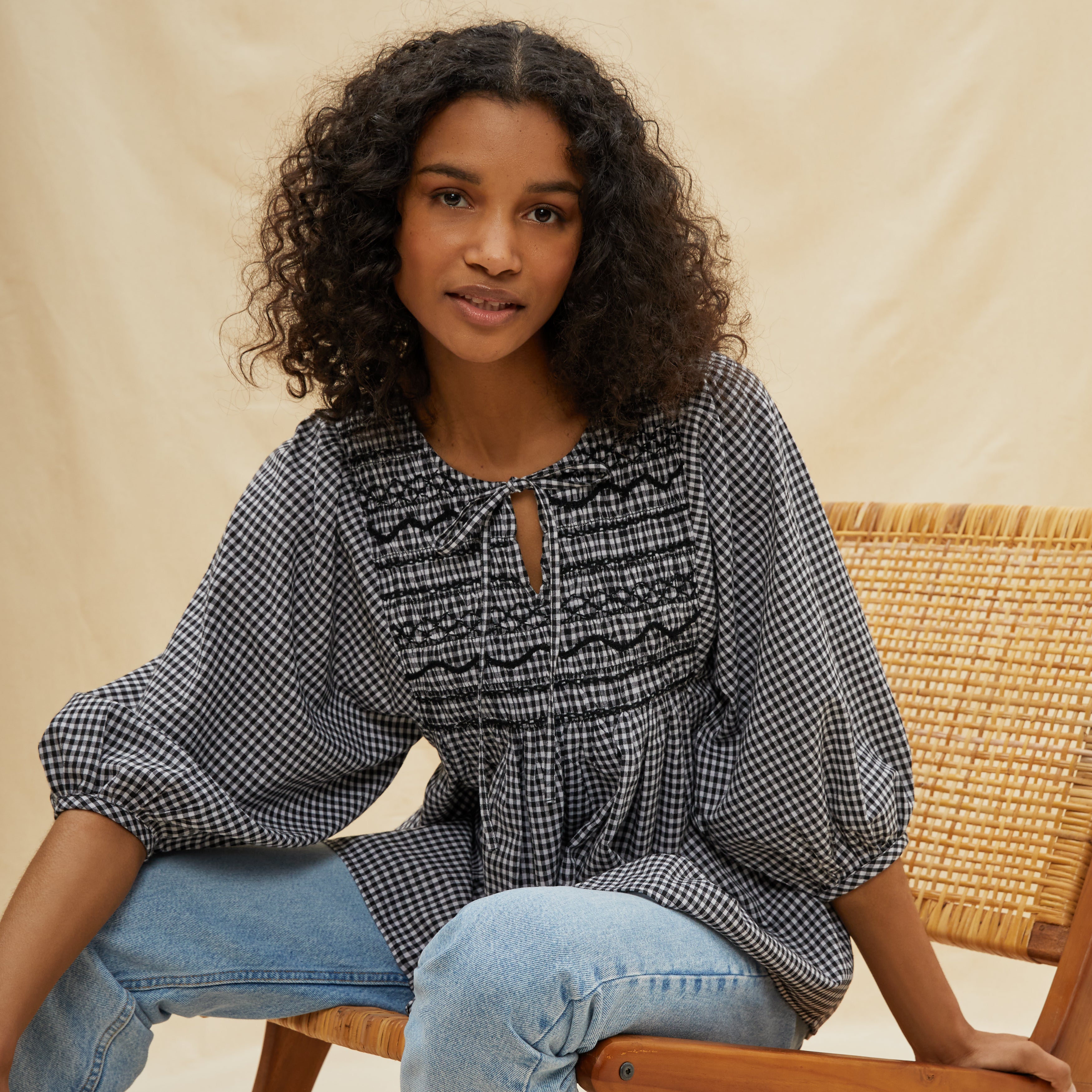 Gingham store smocked top